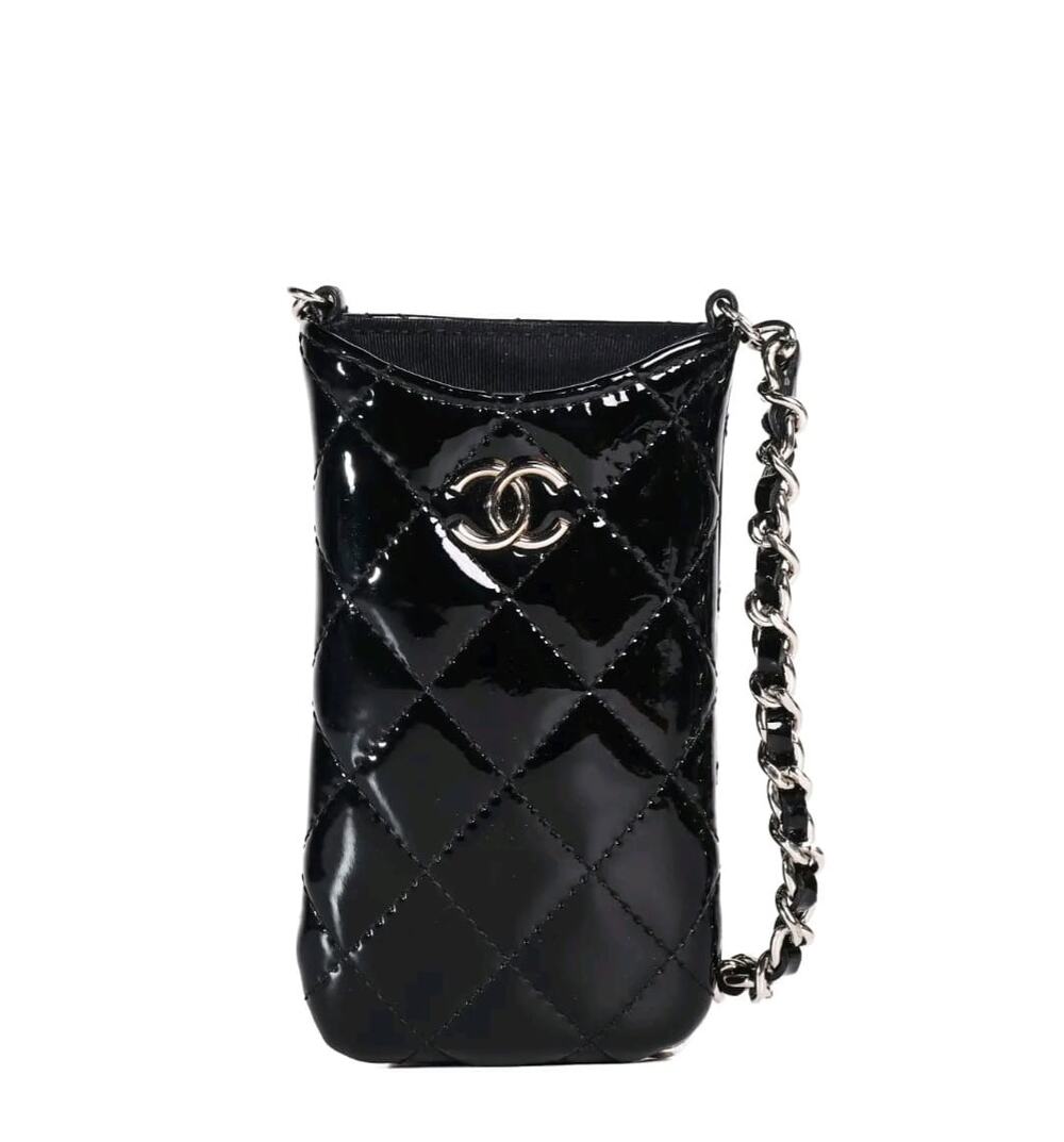 Chanel Black Quilted Patent Leather CC Chain Phone Holder
